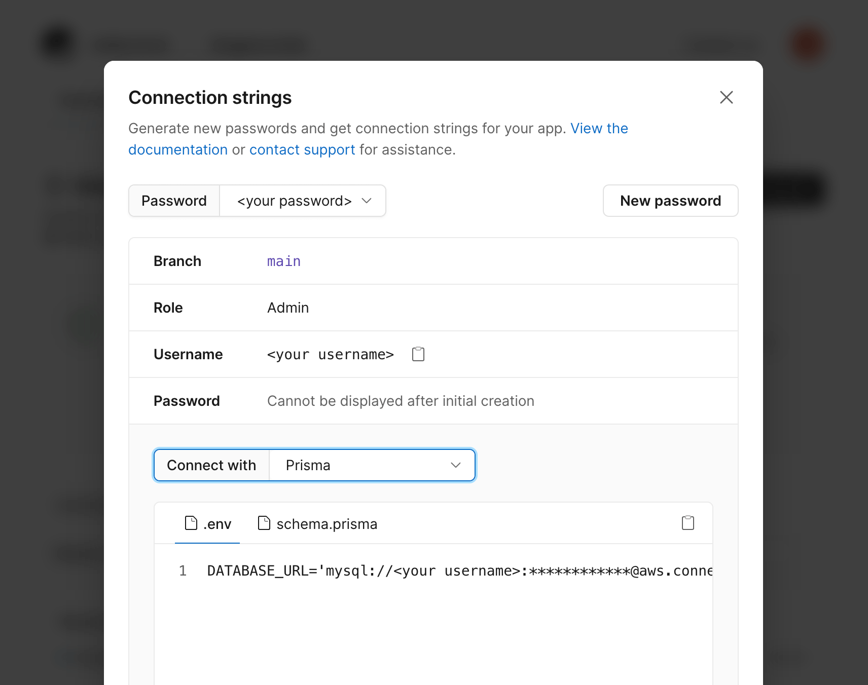 The connection string as displayed in the PlanetScale dashboard