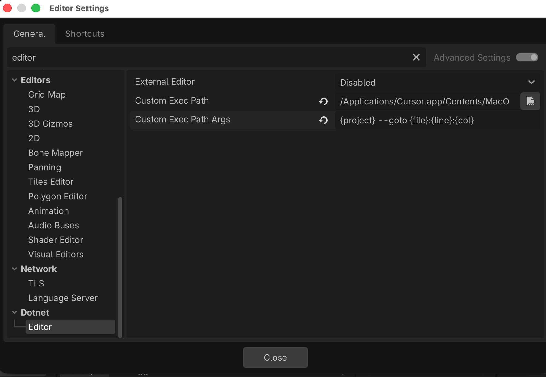 Godot Editor Settings showing the external editor configuration for Cursor